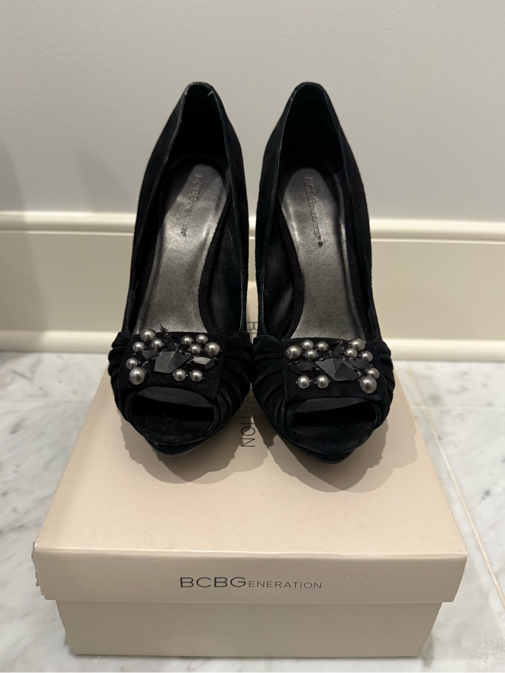 BCBGeneration Black Embellished Peep-Toe Heels